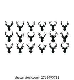 This image displays a grid of 20 black silhouette icons, each representing a deer or stag head. Arranged in four rows of five, the icons feature a variety of antler shapes and sizes. The minimalist design showcases different configurations of antlers, suggesting a collection of vectors for graphic design purposes related to nature or hunting themes.