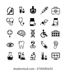 This image displays a grid of 25 black and white icons, each representing a different aspect of medicine, healthcare, science, and research. The icons include common medical symbols such as a stethoscope, heart rate monitor, DNA strand, brain, syringe, pill bottles, medical cross, first aid kit, laboratory equipment like test tubes and beakers, a microscope, an eye, a tooth, an ear, and a wheelchair symbol for accessibility. This diverse set of icons is ideal for use in presentations, websites, or applications related to health, medicine, science, and biotechnology.