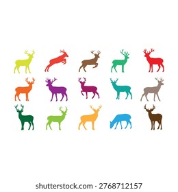 This image displays a grid of fifteen stylized deer silhouettes arranged in three rows on a white background. Each silhouette is a different solid, vibrant color, including red, green, blue, yellow, and brown. The deer are depicted in a variety of poses, such as standing, walking, and grazing.