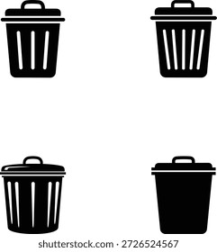Esta Imagen muestra una cuadrícula de cuatro íconos distintos de papeleras negras sobre un fondo blanco limpio. Cada icono representa una papelera de basura o una papelera de reciclaje, comúnmente utilizada en interfaces digitales para simbolizar la eliminación, eliminación o descarte de elementos. Los íconos superior izquierdo y superior derecho presentan líneas de Vertical, lo que sugiere un diseño corrugado o de listones, mientras que la parte inferior izquierda también tiene líneas de Vertical, pero con una base ligeramente más ancha. El icono inferior derecho es una silueta negra sólida, que ofrece una representación más simple y abstracta. Todos los contenedores tienen una tapa con un mango Pequeño, enfatizando su función como contenedores con tapa para residuos. El diseño minimalista los hace versátiles para diversas aplicaciones gráficas.
