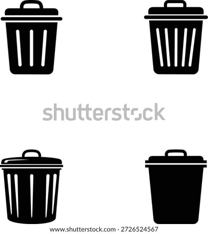 This image displays a grid of four distinct black trash can icons set against a clean white background. Each icon represents a waste bin or a recycle bin, commonly used in digital interfaces to symbolize deletion, removal, or discarding items. The top left and top right icons feature vertical lines, suggesting a corrugated or slatted design, while the bottom left also has vertical lines but with a slightly wider base. The bottom right icon is a solid black silhouette, offering a simpler, more abstract representation. All bins have a lid with a small handle, emphasizing their function as lidded containers for waste. The minimalist design makes them versatile for various graphic applications.