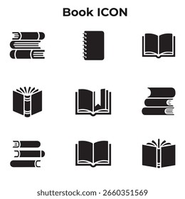 This image displays a grid of nine black and white icons representing different types of books, including open and closed books.