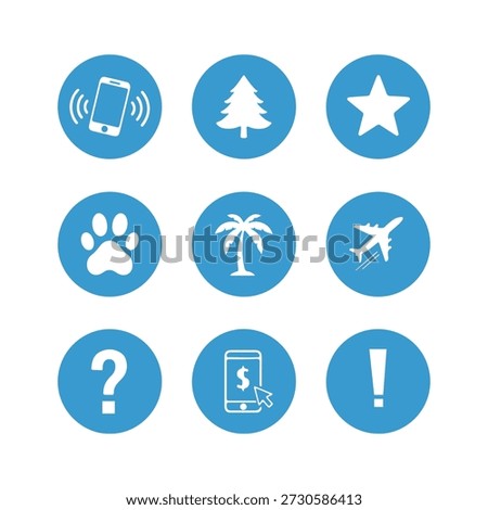 This image displays a grid of nine circular icons, each set against a solid blue background. The icons are rendered in white and depict a variety of common symbols. The top row features a smartphone with sound waves, a stylized Christmas tree, and a five-pointed star. The middle row includes a paw print, a palm tree, and an airplane. The bottom row contains a question mark, a smartphone with a dollar sign, and an exclamation mark. These icons are designed in a simple, flat style, suitable for use in digital interfaces, presentations, or graphic design.