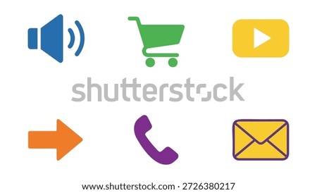 This image displays a grid of six distinct digital icons, each rendered in a flat, modern style with vibrant colors against a white background. The top row features a blue speaker icon with sound waves, a green shopping cart, and a yellow play button within a rounded rectangle. The bottom row includes an orange right-pointing arrow, a purple telephone receiver, and a yellow envelope icon. These icons are commonly used in user interfaces for websites and applications to represent actions such as volume control, e-commerce, media playback, navigation, communication, and messaging.