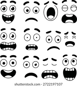 Esta Imagen muestra una cuadrícula de doce expresiones faciales de dibujos animados de estilo distintos y dibujados a mano. Cada cara, representada en líneas blancas y negras limpias, retrata vívidamente una emoción o reacción diferente. Las expresiones van desde la risa alegre con la boca abierta y los dientes visibles, hasta la tristeza profunda con la boca caída, la sorpresa intensa con los ojos abiertos y la boca abierta, la frustración, la confusión, la ira y estados más sutiles como el aburrimiento o la somnolencia. El diseño minimalista se centra en los ojos, las cejas y las Formas bucales para transmitir un amplio espectro de sentimientos humanos. Este versátil conjunto es ideal para transmitir sentimientos en cómics, emojis, interfaces de usuario o materiales educativos, ofreciendo un vocabulario visual claro de estados emocionales.