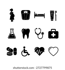 Esta Imagen muestra una cuadrícula de doce íconos en blanco y negro, cada uno representando un aspecto diferente de la salud y la medicina. De arriba a la izquierda a abajo a la derecha, los iconos incluyen una silueta de mujer embarazada, una báscula de pesaje, una cama de hospital, un cepillo de dientes y pasta de dientes, un frasco de laboratorio, un diente molar, un estetoscopio, un kit de primeros auxilios, una pila de píldoras, una persona en una silla de ruedas, una pantalla de monitor cardíaco y un contorno cardíaco. Estos iconos se utilizan comúnmente en contextos médicos y relacionados con la salud.