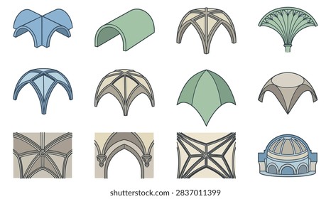 This image displays a grid of twelve distinct architectural vault and ceiling structures. Each element showcases different geometric forms, including ribbed, barrel and domed configurations, rendered in a clean, illustrative style. The color palette consists of muted blues, greens and neutral stone tones, emphasizing the structural geometry of historical building techniques