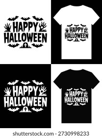 This image displays a Halloween-themed t-shirt design, featuring bats and text, presented in black and white variations for design mockups. high-quality