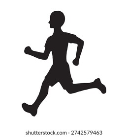 This image displays a high-contrast black silhouette of a young person running against a plain white background. The figure, possibly a boy, is depicted in mid-stride with arms bent and legs extended, capturing the dynamic motion of running. The simple, clean graphic emphasizes the form and action without internal details.