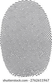 This image displays a high-contrast, black-and-white fingerprint with intricate ridge patterns and a clear central core. The swirling lines represent the unique biometric identifier used in forensic science and security systems for identification purposes. The ridges form loops and whorls, characteristic of arch patterns commonly analyzed in criminal investigations and personal authentication processes.