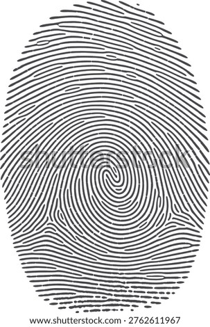 This image displays a high-contrast, black-and-white fingerprint with intricate ridge patterns and a clear central core. The swirling lines represent the unique biometric identifier used in forensic science and security systems for identification purposes. The ridges form loops and whorls, characteristic of arch patterns commonly analyzed in criminal investigations and personal authentication processes.