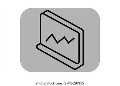 Esta Imagen muestra un ícono 3D isométrico de un monitor o pantalla de computadora. La pantalla muestra un gráfico de línea en zigzag simple, que simboliza datos, análisis o seguimiento del rendimiento