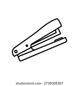 This image displays a line drawing of a stapler, a common office tool used for binding sheets of paper together. The stapler is shown in a side view, with its metal arm and hinge clearly visible, giving a clear representation of its basic structure and functionality. The design is minimalistic and straightforward, focusing on the essential features.
