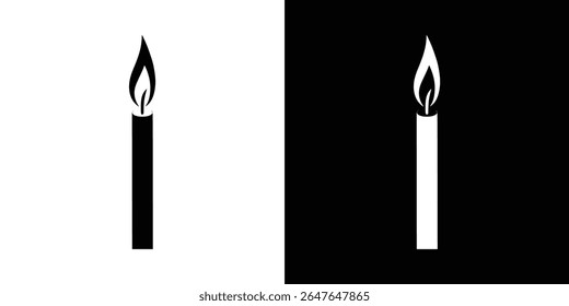 Esta imagem mostra uma silhueta de vela acesa apresentada em dois fundos. À esquerda, uma vela preta com uma chama é colocada contra o branco. À direita, é branco sobre preto.