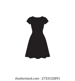 This image displays a minimalist, black silhouette of a classic woman's dress against a plain white background. The dress features short sleeves, a simple rounded neckline, and a fitted waist that flows into a flared A-line skirt. The design is a clean and simple graphic representation of a "little black dress."