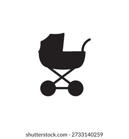 This image displays a minimalist, black silhouette of a baby carriage centered against a plain white background. The iconic design features a curved canopy, a simple handle, an X-shaped frame, and two wheels, representing a generic stroller or pram. The style is simple and abstract, typical of an icon or logo.