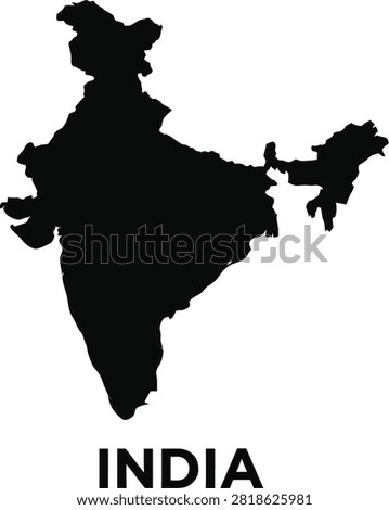 This image displays a minimalist black silhouette of the Indian map isolated against a clean white background with the word India written in bold capital letters directly below the geographical shape representing the country in a simple and clear graphic style.