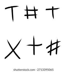 Esta Imagen muestra una colección minimalista de seis símbolos dibujados a mano dispuestos en un patrón de cuadrícula simple sobre un fondo blanco liso. Los símbolos, representados en gruesos trazos negros, incluyen dos instancias de la letra 'T', una cruz o signo de multiplicación 'X', un signo más '+' y dos instancias del símbolo de etiqueta '#'. El estilo sugiere un dibujo a pluma o marcador, dando a las Formas abstractas una sensación cruda y artesanal. La composición es limpia y enfocada en Elementos gráficos básicos.