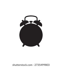 This image displays a minimalist, high-contrast silhouette of a classic alarm clock. The solid black icon features a round body, two prominent bells on top connected by a small handle, and two small feet at the bottom. The entire figure is centered against a stark white background, highlighting its simple, easily recognizable shape.