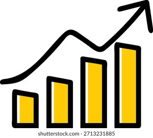 Esta Imagen muestra un ícono minimalista que simboliza el crecimiento del negocio y las tendencias positivas. Cuenta con un gráfico de barras con cuatro barras de Vertical que aumentan de alto de izquierda a derecha, lo que indica el progreso o el aumento de los valores con el tiempo. Superpuesto en las barras hay un gráfico de línea negra que se curva hacia arriba y culmina con una flecha que apunta hacia la esquina superior derecha. El diseño simple con contornos negros llamativos y un relleno amarillo brillante lo hace adecuado para varios usos digitales, como presentaciones, Sitios web y aplicaciones para representar conceptos como aumento de ganancias, éxito, estadísticas y mejoramiento financiero. El fondo blanco enfatiza el icono.