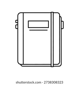 This image displays a minimalist line drawing of a closed notebook. The notebook features a pen looped through the binding on the spine, and a clip attached to the front cover. The design is simple and functional, emphasizing the essentials of a writing tool.