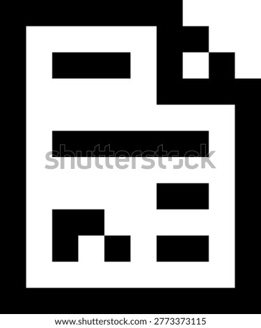 This image displays a minimalist pixel art illustration of a contract document featuring a signature mark, rendered in a high-contrast black-and-white style. The composition centers on a rectangular sheet of paper with a slightly folded top-right corner, a common visual cue for a digital or physical document. Inside the document, horizontal pixel lines represent structured text content, while a distinct angular mark near the lower section symbolizes a signature, indicating agreement, authorization, or formal approval.

The design follows a retro 8-bit aesthetic, characterized by block-based construction, sharp edges, and consistent pixel alignment. The absence of gradients and decorative detail emphasizes clarity and function, making the icon easily recognizable even at small sizes. The monochrome palette enhances visual contrast and ensures compatibility across various interface themes and backgrounds.

The layout is balanced and centered, with sufficient negative space surrounding the icon to support flexible placement in different compositions. The visual language is direct and utilitarian, conveying legal formality, documentation, and transaction completion without unnecessary complexity.

This graphic is well-suited for use in user interfaces, legal tech platforms, digital signing applications, document management systems, and business workflows. It can support visual communication in websites, mobile apps, onboarding processes, presentations, and marketing materials where concepts such as contracts, agreements, approvals, and compliance need to be clearly represented.

Overall, the image communicates trust, commitment, and procedural completion through a clean and timeless pixel-art format, making it highly adaptable for both modern digital products and retro-inspired design systems.