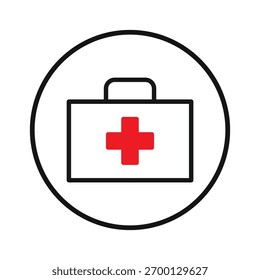 Esta imagem mostra uma representação minimalista de um kit médico dentro de uma fronteira circular, destacando a prontidão para emergências e os cuidados de saúde essenciais. Salienta a importância de