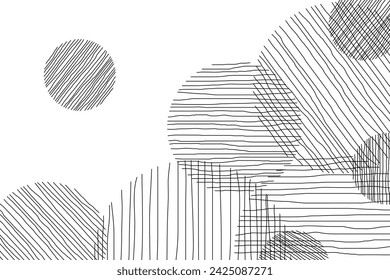 This image displays a monochromatic abstract design consisting of vertical and horizontal lines in overlapping circles. Vector illustration