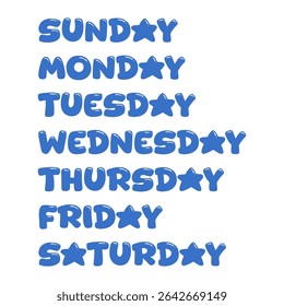 This image displays the names of all seven days of the week written in a playful blue handwritten style font. Each word incorporates star-shaped decorations replacing the letter 'a' or 'd'