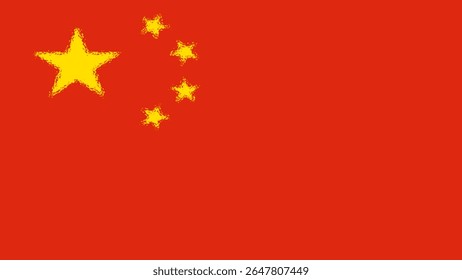 Esta imagem mostra a bandeira nacional da China com uma textura pintada. Possui uma grande estrela amarela com quatro estrelas menores em um semicírculo em um fundo vermelho simbolizando unidade e liderança.