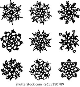 Dieses Bild zeigt neun einzigartige, detaillierte Schneeflocken-Muster, die in einem drei mal drei Raster angeordnet sind. Jede Schneeflocke zeigt komplexe, symmetrische geometrische Designs in einem krassen Schwarz-Weiß-Kontrast.