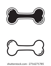 Esta Imagen muestra un par de íconos estilizados de hueso de perro, con un diseño limpio y minimalista. El icono superior está lleno de negro sólido y delineado en blanco, creando un aspecto audaz y de alto contraste. El icono inferior es una versión de contorno simple con un relleno blanco y un trazo negro. Ambos íconos representan la misma forma y son adecuados para su uso como Elementos gráficos o relacionados con mascotas, cuidado veterinario, envases de alimentos para mascotas o accesorios.