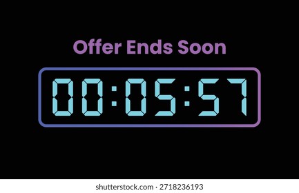 Esta imagem exibe um temporizador de contagem regressiva promocional definido em um fundo preto sólido, criando um forte contraste visual. O texto "Offer Ends Soon" é destacado acima do temporizador em uma fonte roxa brilhante. O relógio digital abaixo mostra um tempo restante de "00:05:57" em caracteres brilhantes, azul-ciano e segmentados, delineados por uma borda roxa correspondente. A estética neon enfatiza a urgência e uma oferta de tempo limitado, adequado para aplicações de marketing e e-commerce.