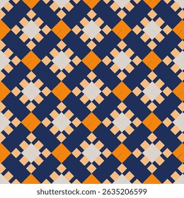 This image displays a repeating geometric pattern composed of diamond-shaped arrangements made from square and rectangular blocks. The color palette features navy blue, orange, and light beige, formin