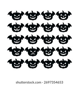 This image displays a repeating pattern of black Halloween pumpkin bat silhouettes, each with a unique carved face, presented in a grid formation.
