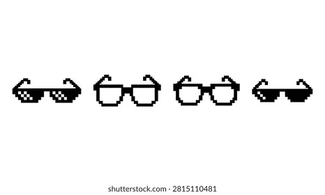 This image displays a row of pixelated eyeglasses in black and white. The style is a distinctive silhouette with a