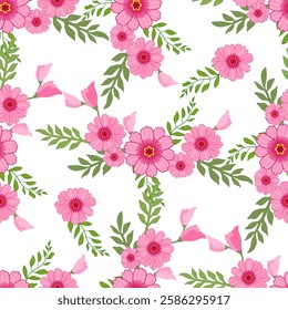 
This image displays a seamless floral pattern featuring pink flowers with yellow centers, green leaves, and small pink ribbons on a white background. The design is repetitive and symmetrical.