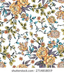 Esta imagem mostra um design de padrão floral sem costura adequado para têxteis ou papel de parede. 