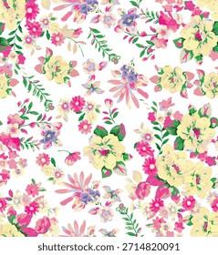 Esta Imagen muestra un diseño de patrón floral sin costuras, a menudo utilizado para telas, textiles, Fondo de pantalla o sábanas