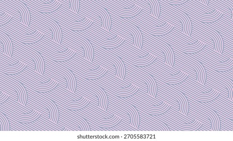 Esta imagem exibe um padrão geométrico perfeito de linhas de lavanda inclinadas intersetadas pela repetição de segmentos curvos em rosa claro, resultando em um design óptico suave e pastel com apelo moderno.