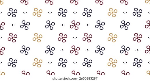 This image displays a seamless pattern of stylized four-leaf clover or propeller-like shapes in alternating colors of burgundy, gold, and navy blue against a clean white backdrop.
