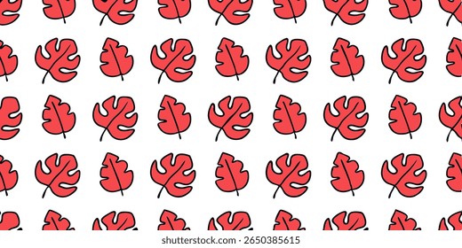 This image displays a seamless pattern featuring numerous simplified red Monstera leaves. Each leaf has a bold black outline and a thin black stem, arranged in a grid.