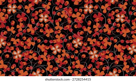 Esta Imagen muestra un patrón sin fisuras de hojas de trébol naranja estilizadas con centros blancos y subgrupos curvos que se tejen sobre un fondo negro profundo, formando un motivo de follaje vibrante y orgánico.