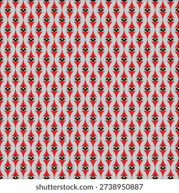 This image displays a seamless repeating pattern featuring vertical columns. Red, stylized diamond or teardrop shapes alternate with light gray, interlocking curves. Each red shape contains a small black and yellow accent motif at its center. The geometric design creates a continuous, ornate textile-like print.