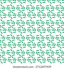 Esta Imagen muestra un patrón de Vector sin fisuras con hojas verdes simples dibujadas a mano sobre un fondo blanco. El patrón tiene un estilo minimalista elegante, vintage y moderno, adecuado para textiles.