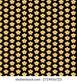Dieses Bild zeigt ein nahtloses Vektormuster mit kleinen, stilisierten gelben oder orangefarbenen Blumen mit dunklen Mittelpunkten auf schwarzem Hintergrund. Diese Art von Design ist in der Regel als Stockillustrationen oder digitale Stoffdrucke für verschiedene Anwendungen wie Tapeten, Stoffdruck, Geschenkverpackung und Heimdekoration verfügbar.

