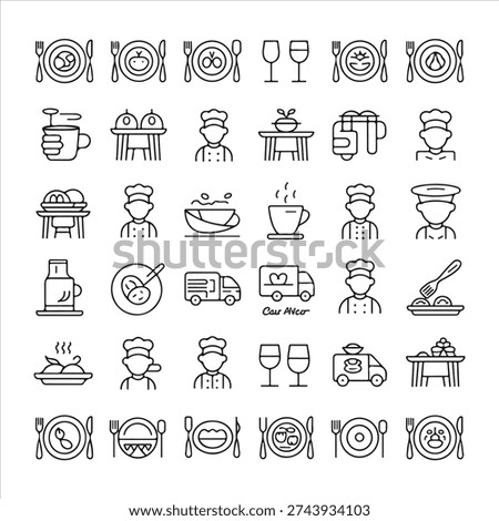 This image displays a series of black-and-white icons representing different professions and activities related to food and beverage service. Each icon features a person engaged in a specific task, such as cooking, serving, bartending, or managing, with relevant props like kitchen tools, glasses, and dining tables. The icons are arranged in a grid format, highlighting the diversity of roles within the hospitality industry.