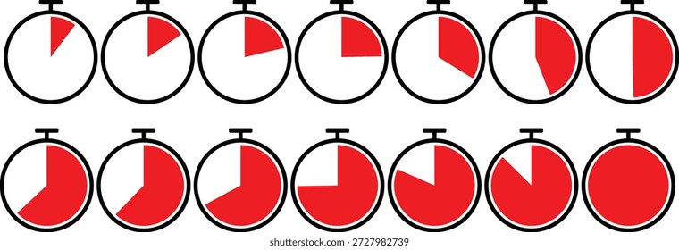Dieses Bild zeigt eine Reihe von Fortschrittsanzeigern, die in zwei Reihen angeordnet sind und jeweils acht Kreise enthalten. Jeder Kreis ist in Abschnitte unterteilt, wobei verschiedene Abschnitte rot eingefüllt sind, um verschiedene Vollendungsgrade anzuzeigen. Die obere Reihe zeigt eine allmähliche Zunahme des roten Abschnitts von links nach rechts, während die untere Reihe ein variierteres Vervollständigungsmuster aufweist. Die Fortschrittsindikatoren werden wahrscheinlich verwendet, um verschiedene Phasen eines Prozesses oder einer Aufgabe darzustellen, wobei der Fortschritt von unvollständig zu vollständig hervorgehoben wird.