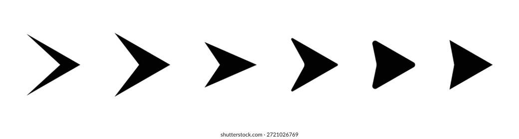 Dieses Bild zeigt eine Reihe von sechs verschiedenen schwarzen Pfeilsymbolen, die jeweils leicht in ihrem geometrischen Design variieren und horizontal auf sauberem, weißem Hintergrund angeordnet sind. Alle Pfeile zeigen durchweg nach rechts, was auf Konzepte von Progression, Vorwärtsbewegung oder "next"- und "play"-Funktionen in Benutzeroberflächen hinweist. Die Formen reichen von scharfen, eckigen V-förmigen Formen bis hin zu subtil abgerundeten dreieckigen Designs, die eine Vielzahl visueller Stile bieten. Diese Sammlung kann verwendet werden, um Navigation, Vorlauf oder eine Vielzahl von Richtungsanzeigern in digitalen Medien darzustellen.