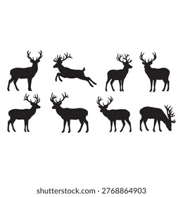 This image displays a set of 14 minimalist illustrations of buck heads, arranged in two rows of seven. Each head is depicted as a black silhouette with varying antler configurations and angles, against a plain white background. The high-contrast, graphic style suggests a collection of icons or logo designs suitable for hunting, wilderness, or rustic themes.